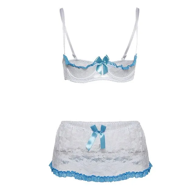 2019 New Sexy Lingerie Hot Erotic Lace Babydoll Pajamas Exotic Open Bra Underwear Suit Open Cup Bra Garter Skirt With Steel Ring