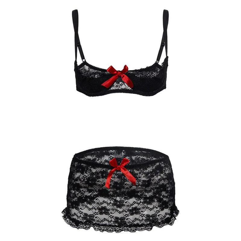 2019 New Sexy Lingerie Hot Erotic Lace Babydoll Pajamas Exotic Open Bra Underwear Suit Open Cup Bra Garter Skirt With Steel Ring
