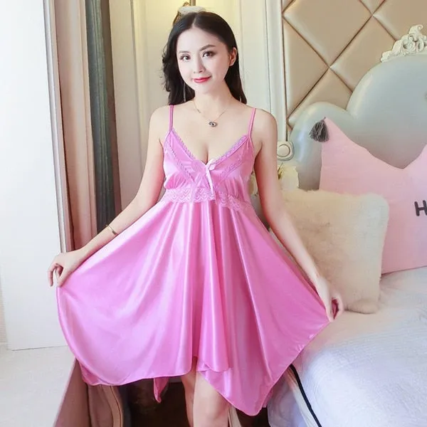 2019 Summer Sexy Lingerie Nightgowns for Women Silk Satin Lace Spaghetti Strap Night Dress Sleepwear Nightdress Nightwear Nighty