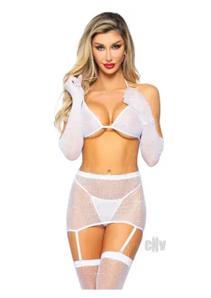 5 Pc Rhinestone Bikini Top G-String Garter  Skirt. Gloves and Stockings - One Size - White