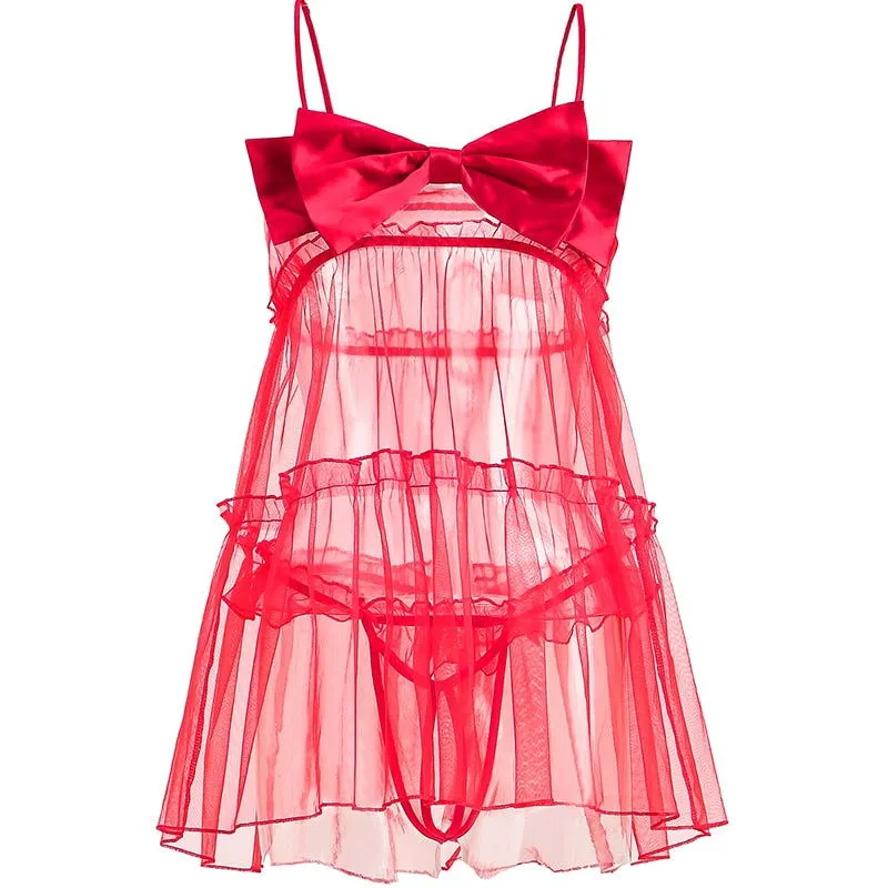 Bow See Through Mesh Red Anime Lingerie