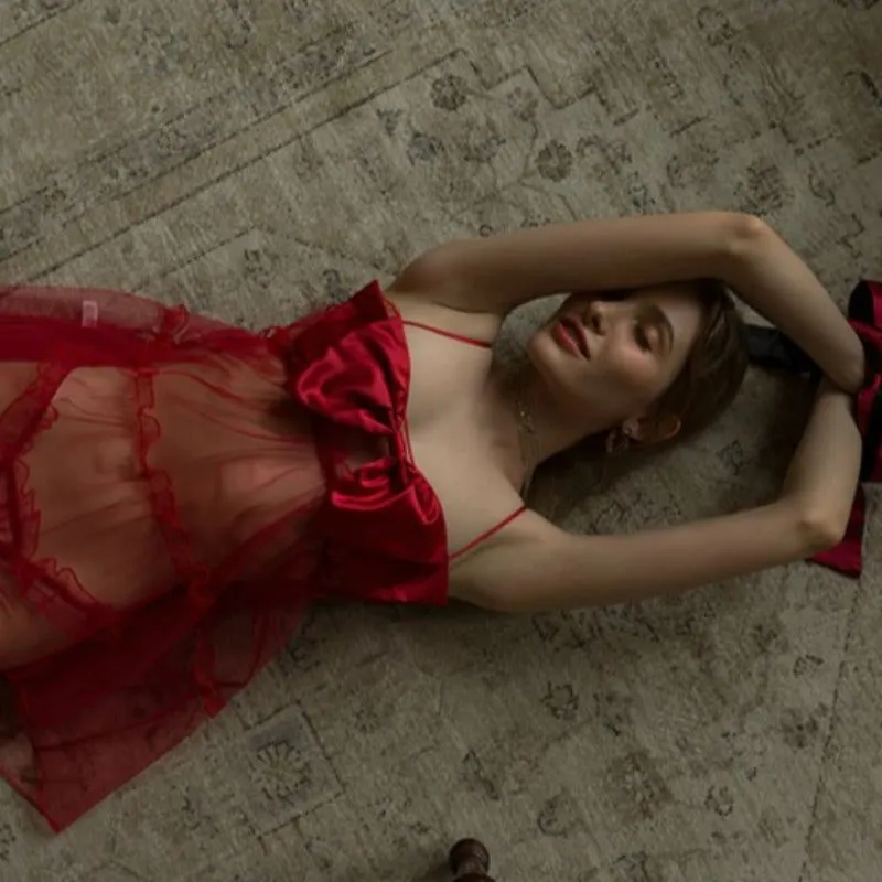 Bow See Through Mesh Red Anime Lingerie