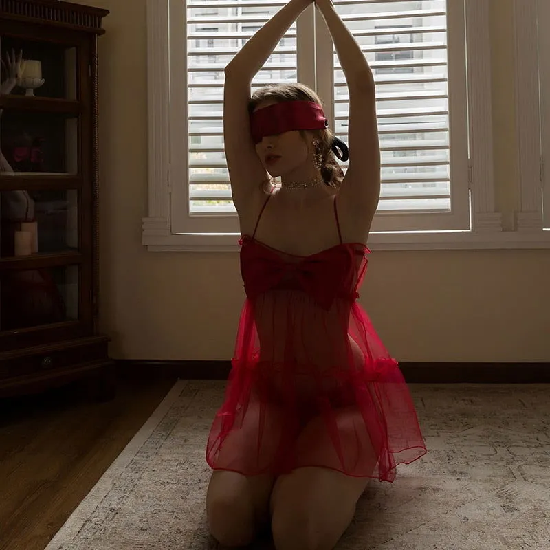 Bow See Through Mesh Red Anime Lingerie