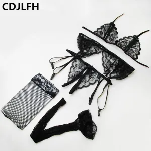 CDJLFH 4pc set Women Intimate Sleepwear Robe Sexy Lingerie Costume Night Gown Erotic Underwear