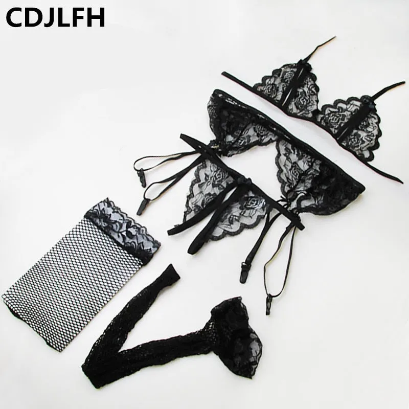CDJLFH 4pc set Women Intimate Sleepwear Robe Sexy Lingerie Costume Night Gown Erotic Underwear