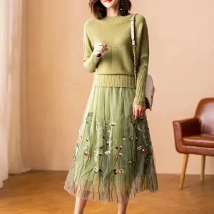 Chic Green Floral Two-Piece Skirt Set