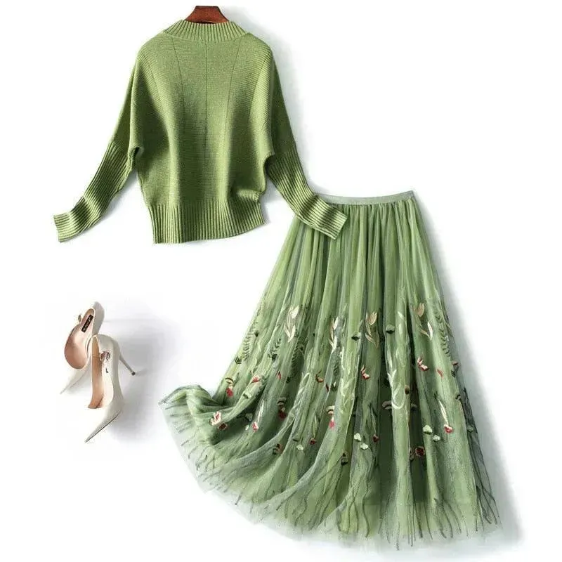 Chic Green Floral Two-Piece Skirt Set
