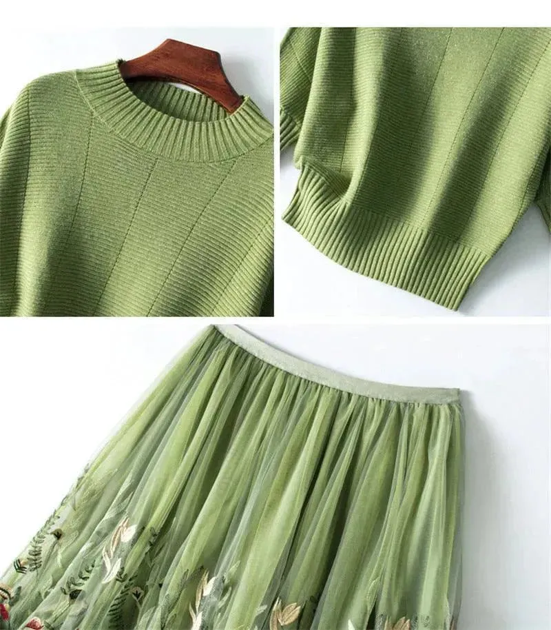 Chic Green Floral Two-Piece Skirt Set