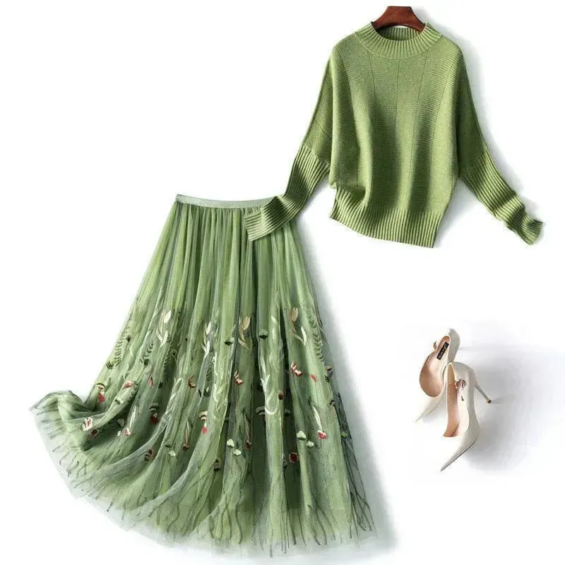 Chic Green Floral Two-Piece Skirt Set