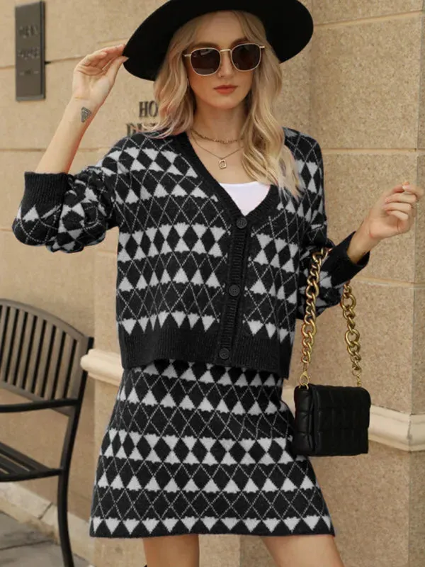 Chic Women Geometric Knit Skirt Set