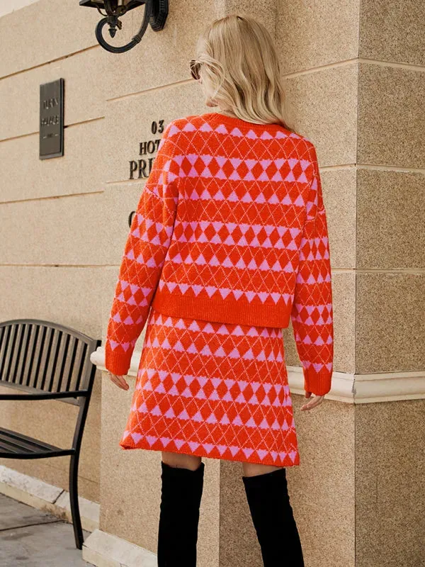 Chic Women Geometric Knit Skirt Set