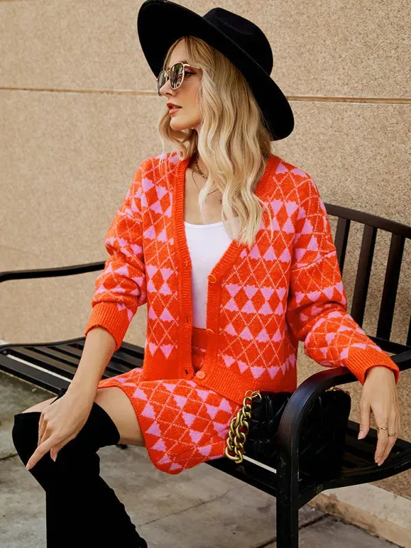 Chic Women Geometric Knit Skirt Set