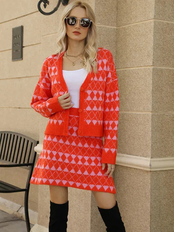 Chic Women Geometric Knit Skirt Set