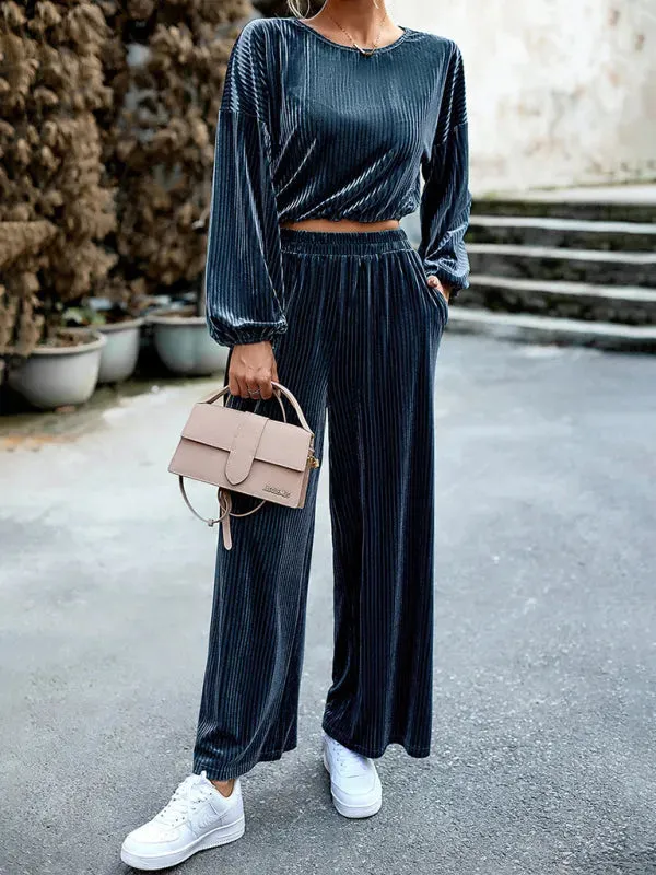 Chic Women Striped Wide-Leg Two-Piece Set