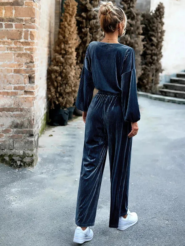 Chic Women Striped Wide-Leg Two-Piece Set