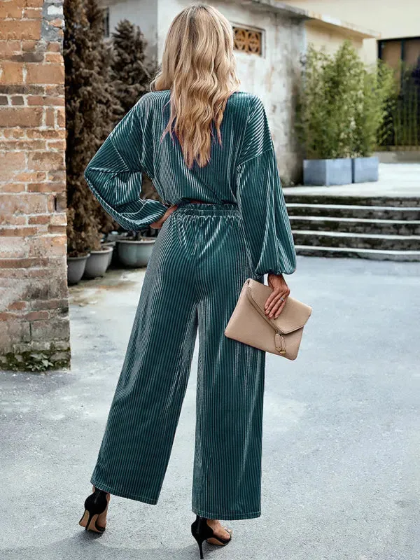 Chic Women Striped Wide-Leg Two-Piece Set