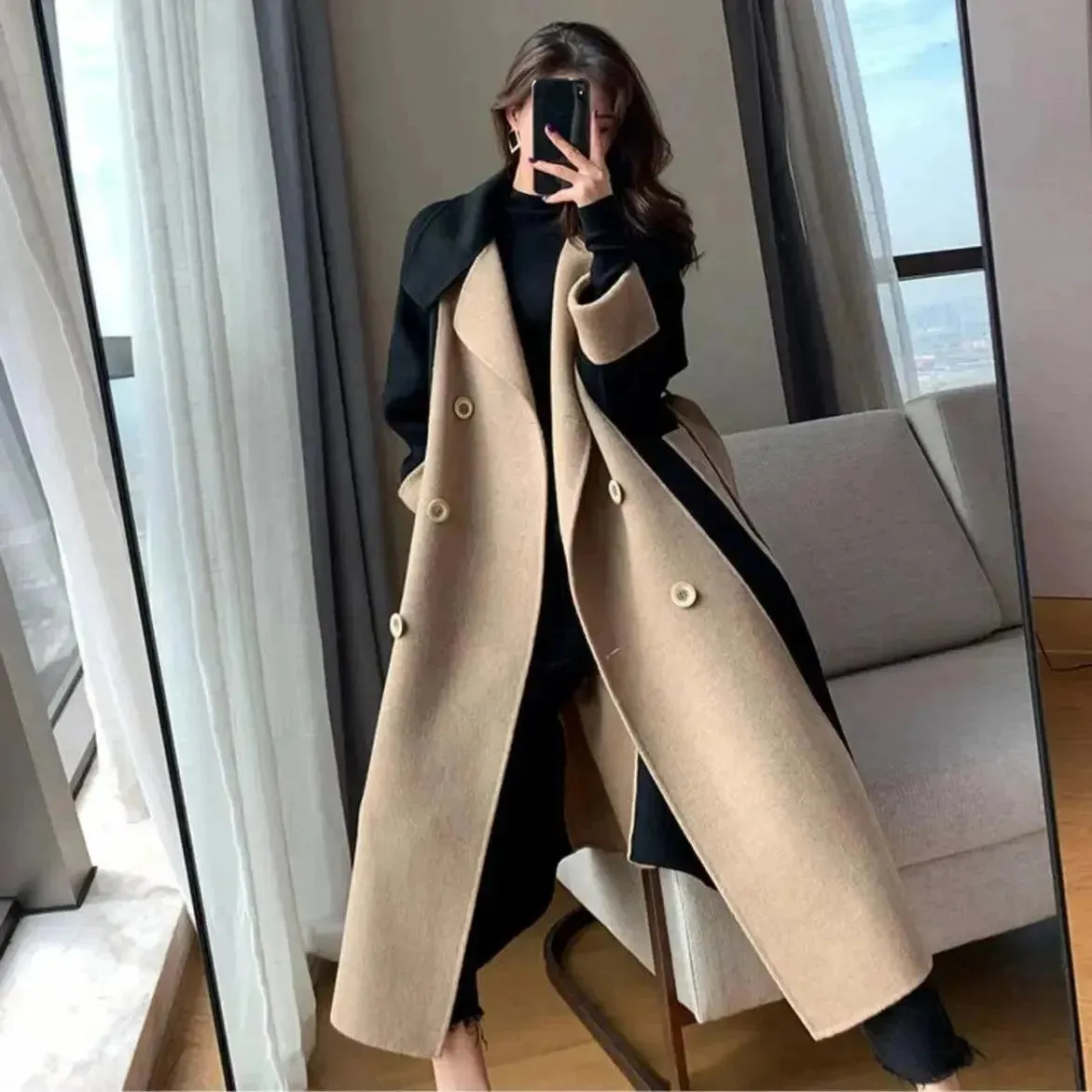 Chic Women's Woolen Patchwork Trench Overcoat