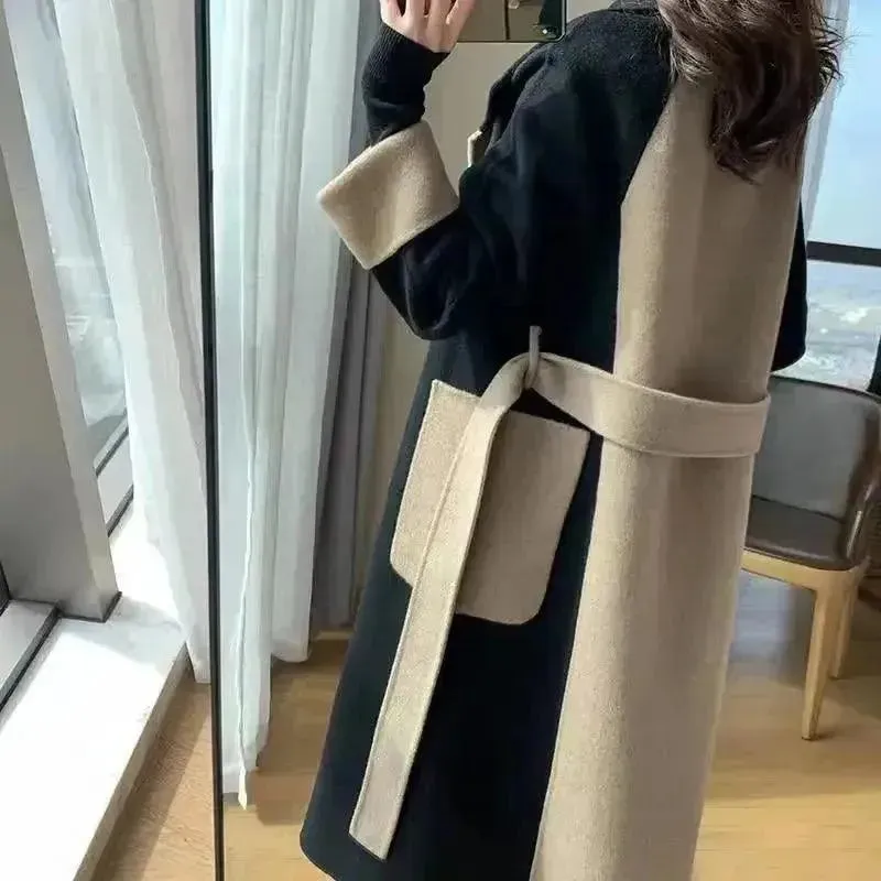 Chic Women's Woolen Patchwork Trench Overcoat