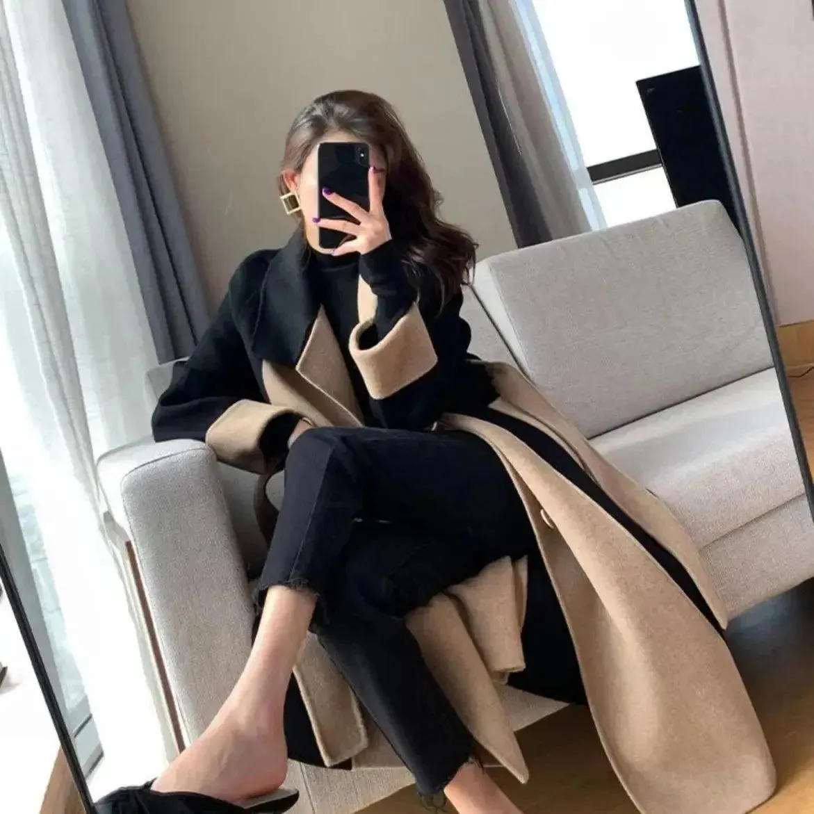 Chic Women's Woolen Patchwork Trench Overcoat