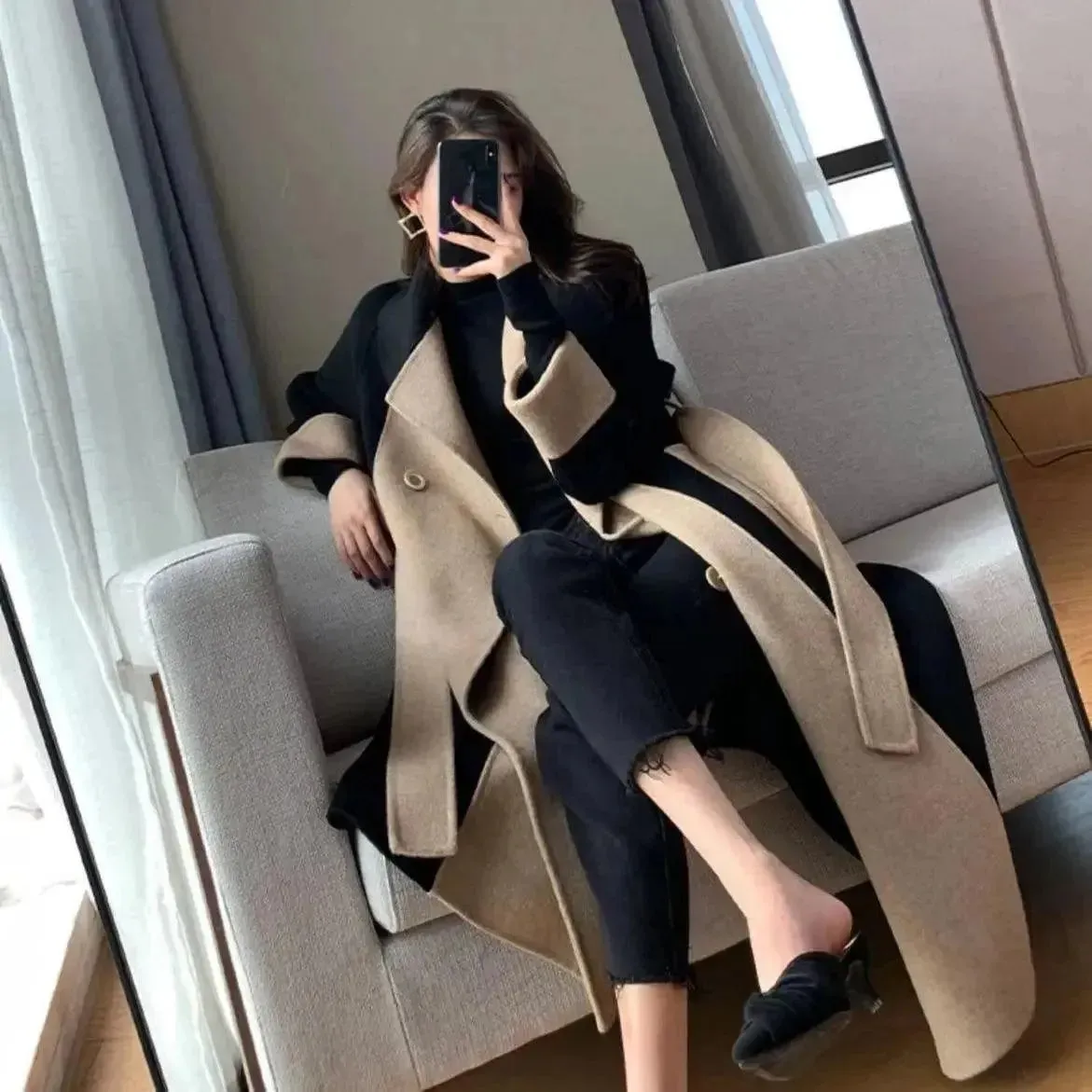 Chic Women's Woolen Patchwork Trench Overcoat