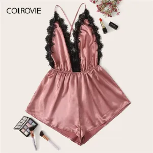 COLROVIE Criss Cross Eyelash Lace Satin Romper Women 2019 Summer Satin Sexy Lingerie Cami Nightwear Ladies Sleepwear