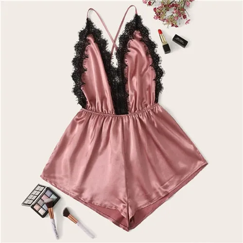 COLROVIE Criss Cross Eyelash Lace Satin Romper Women 2019 Summer Satin Sexy Lingerie Cami Nightwear Ladies Sleepwear