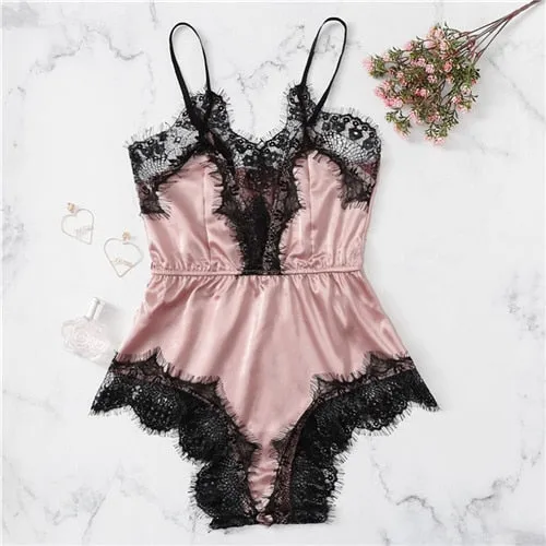 COLROVIE Lace Trim Romper Teddy Bodysuit Women 2019 Summer Satin Sexy Lingerie Cami Nightwear Ladies Sleepwear