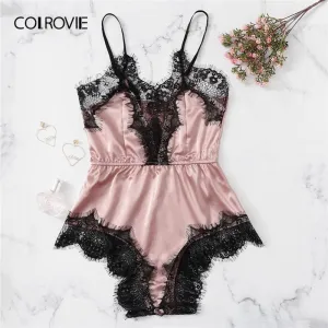 COLROVIE Lace Trim Romper Teddy Bodysuit Women 2019 Summer Satin Sexy Lingerie Cami Nightwear Ladies Sleepwear