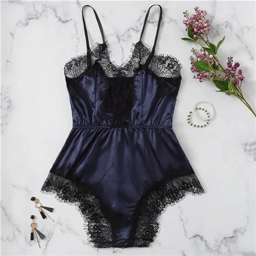 COLROVIE Lace Trim Romper Teddy Bodysuit Women 2019 Summer Satin Sexy Lingerie Cami Nightwear Ladies Sleepwear