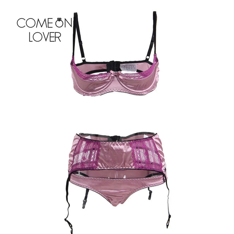 Comeonlover Intimo Donna Sexy Hot RI80396 Deluxe Satin Lace Stitching Open Cup Bra Set Lingerie Plus Size Open Bra Sexy Bra Set