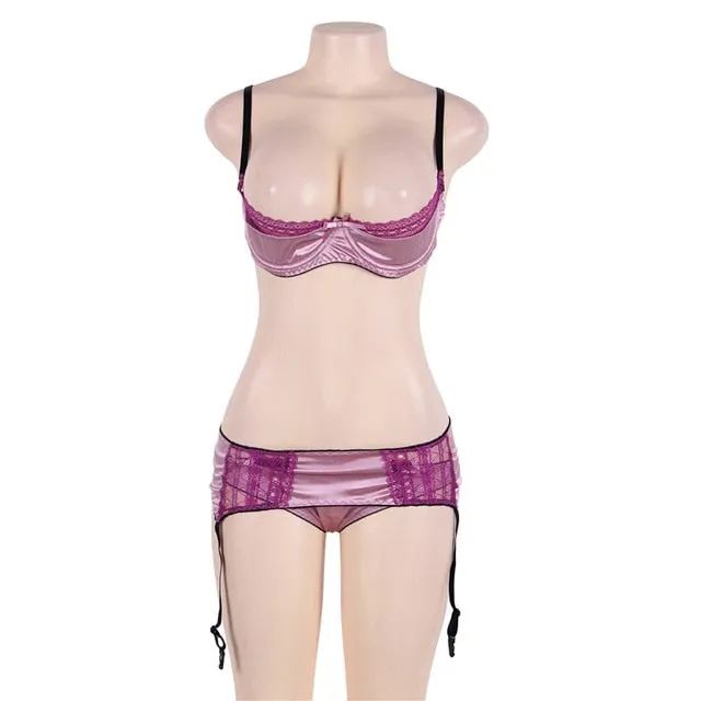 Comeonlover Intimo Donna Sexy Hot RI80396 Deluxe Satin Lace Stitching Open Cup Bra Set Lingerie Plus Size Open Bra Sexy Bra Set