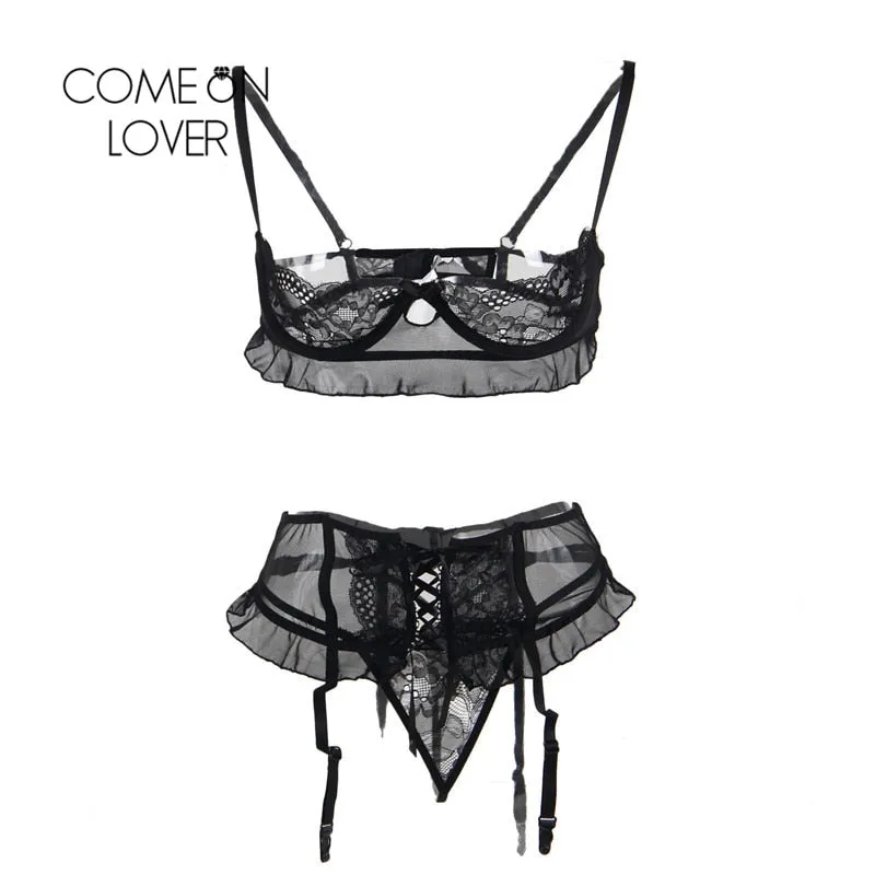 Comeonlover Lenceria Erotica Jartiyer Sexy Set Exotic Nightwear Black Lace 3 Piece Open Crotch Plus Sexy Bra Open Cup RI80512