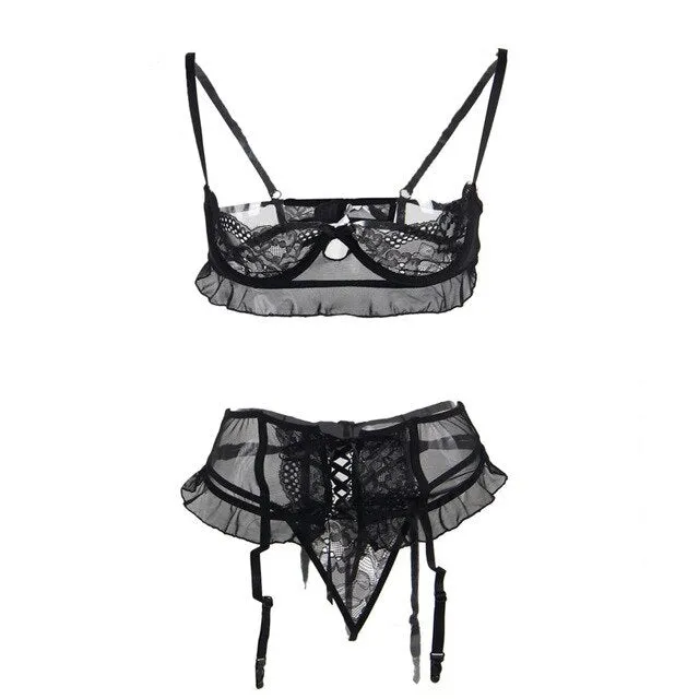 Comeonlover Lenceria Erotica Jartiyer Sexy Set Exotic Nightwear Black Lace 3 Piece Open Crotch Plus Sexy Bra Open Cup RI80512