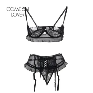 Comeonlover Lenceria Erotica Jartiyer Sexy Set Exotic Nightwear Black Lace 3 Piece Open Crotch Plus Sexy Bra Open Cup RI80512