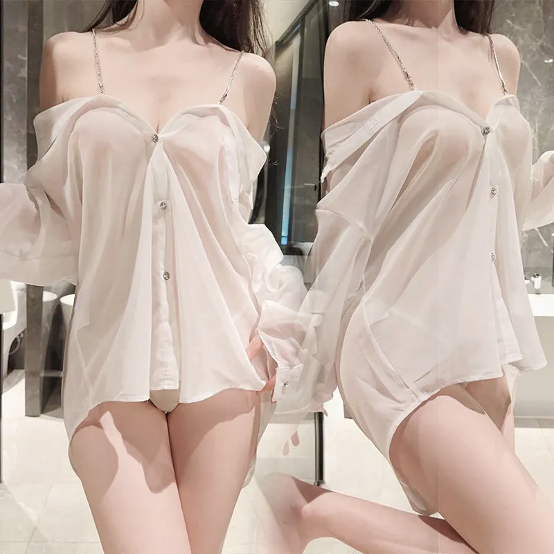 D-8476 Tiktok same style Tempting Night Sexy Transparent Strap Sleepwear Shirt