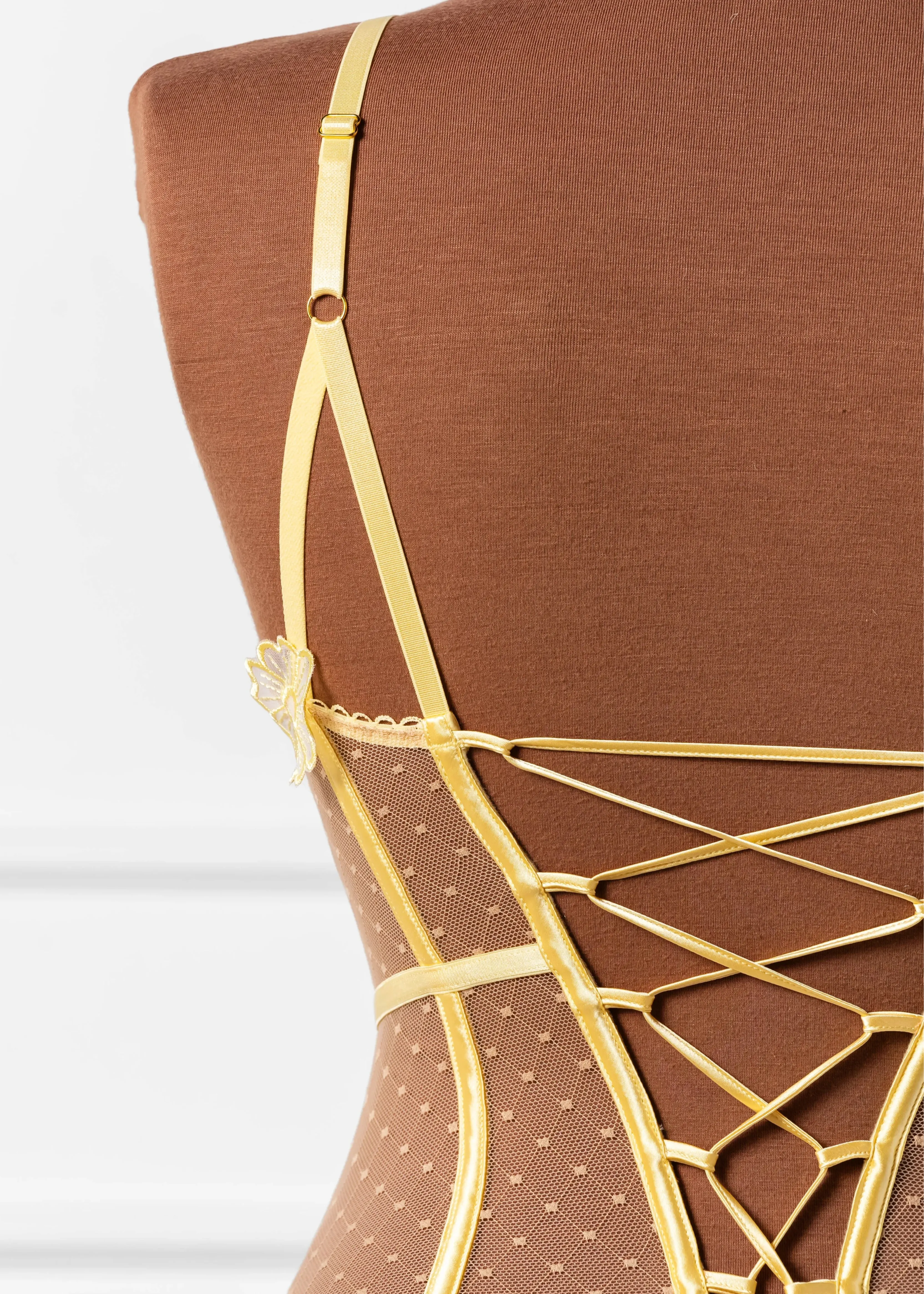 Embroidered Appliqu Crotchless Teddy - Lemon Chiffon