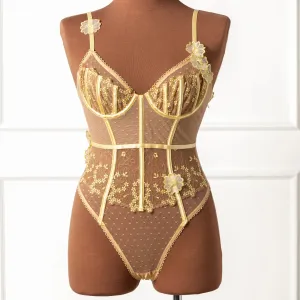 Embroidered Appliqu Crotchless Teddy - Lemon Chiffon