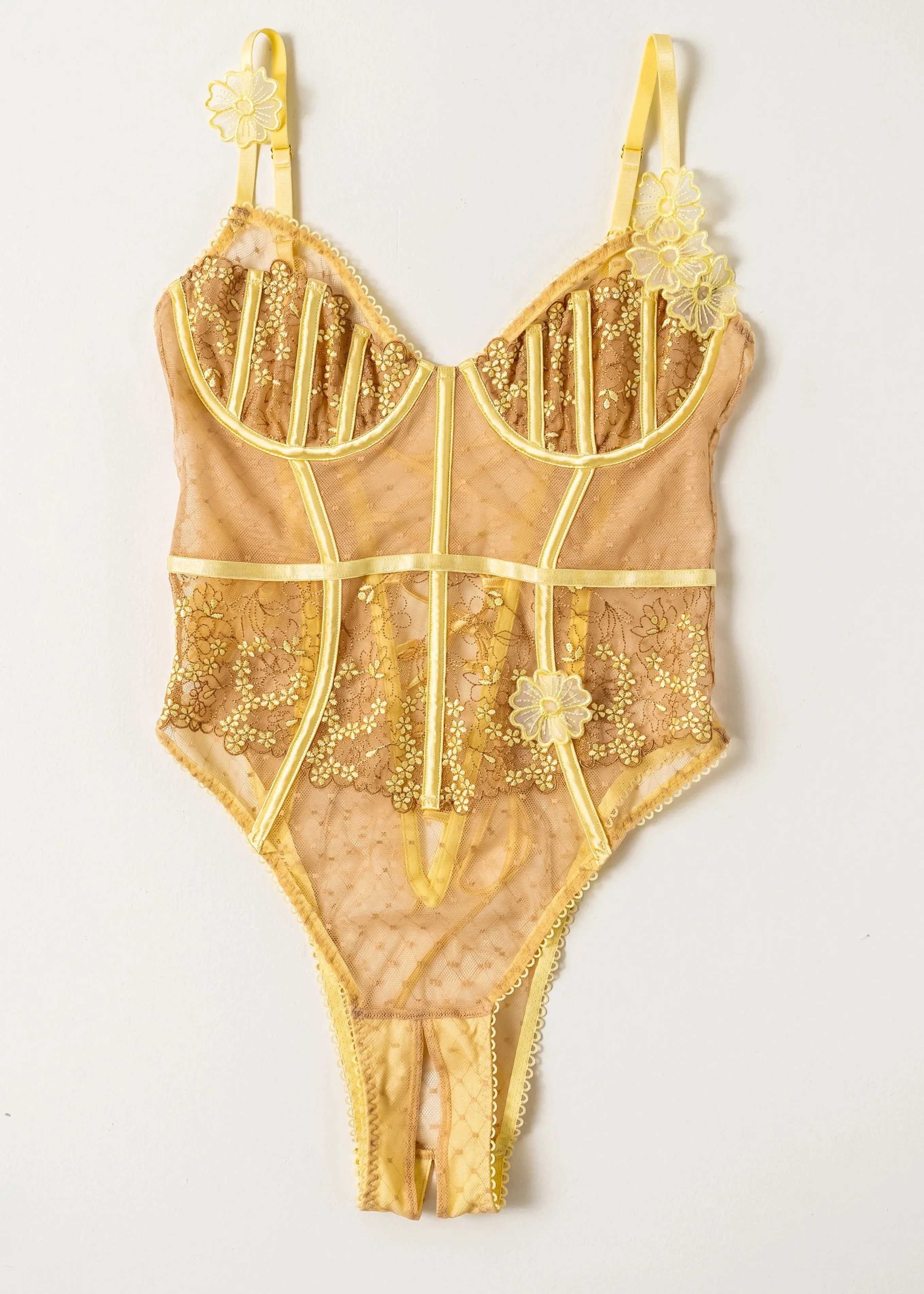 Embroidered Appliqu Crotchless Teddy - Lemon Chiffon