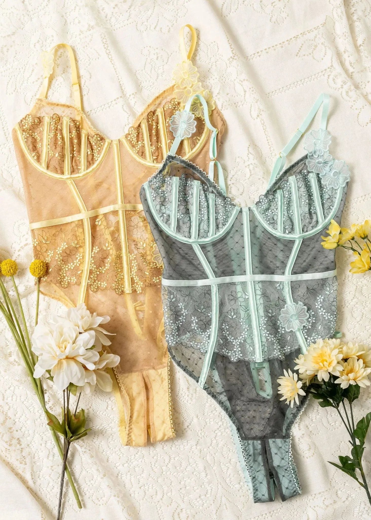 Embroidered Appliqu Crotchless Teddy - Lemon Chiffon