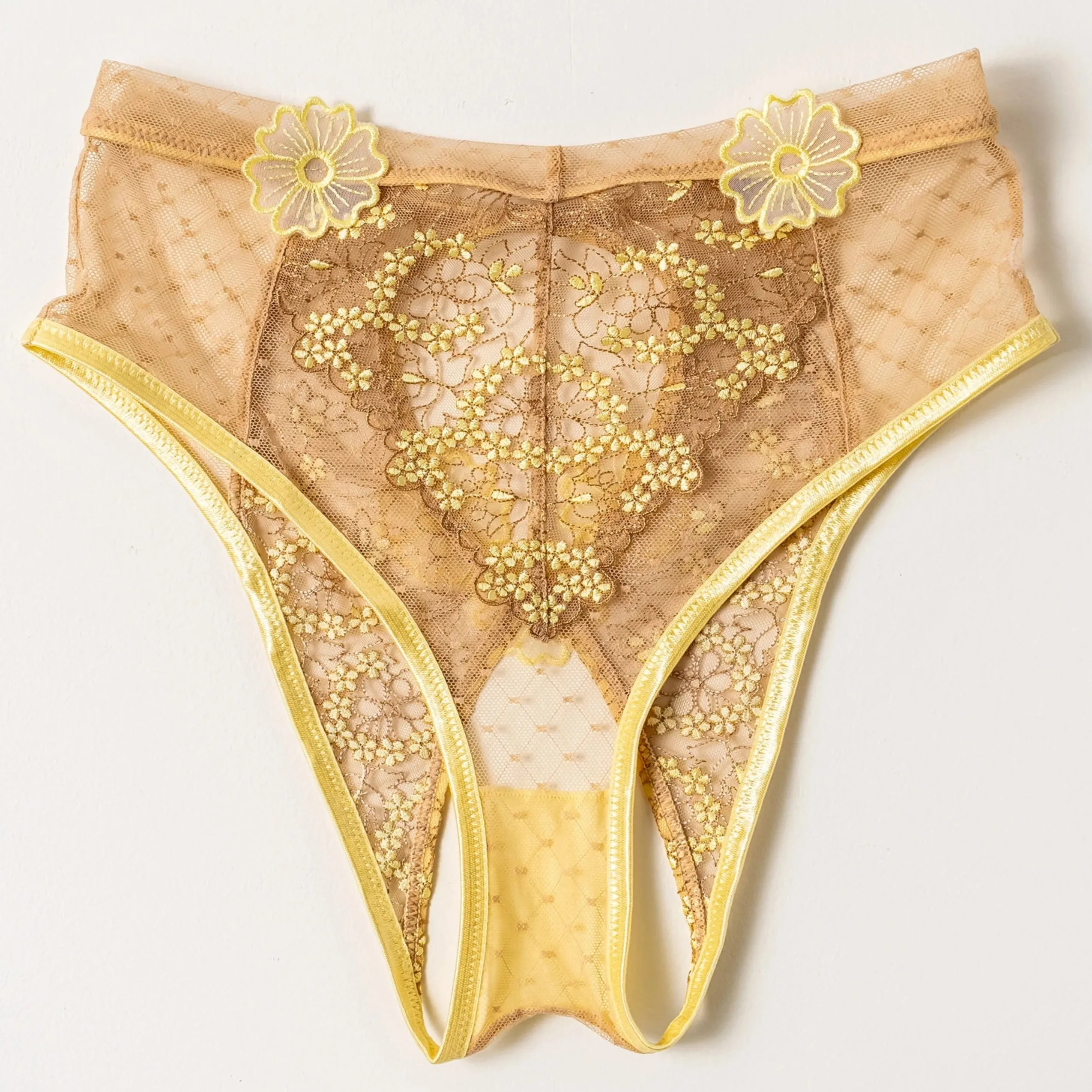 Embroidered High Waist Backless Panty - Lemon Chiffon