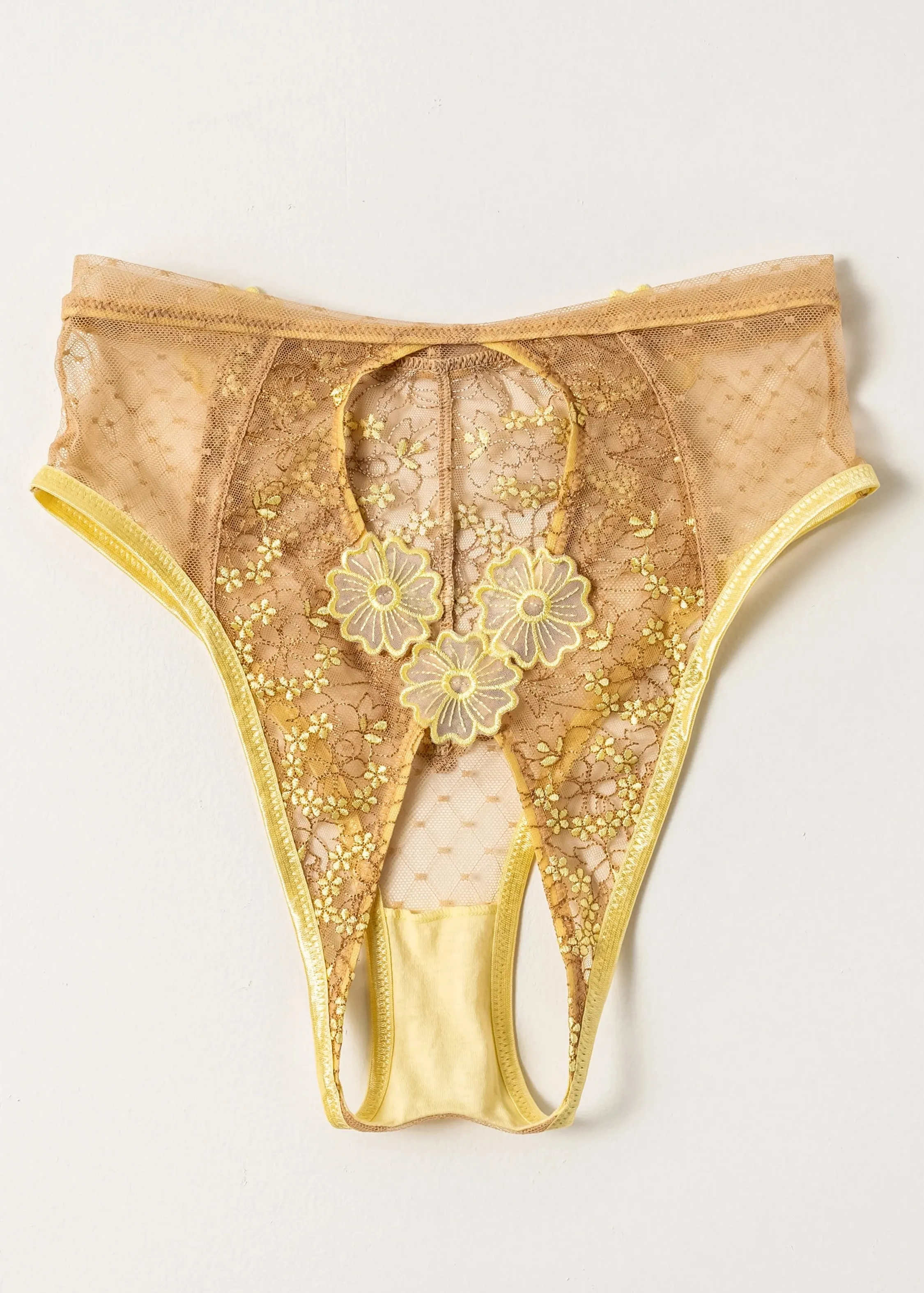 Embroidered High Waist Backless Panty - Lemon Chiffon
