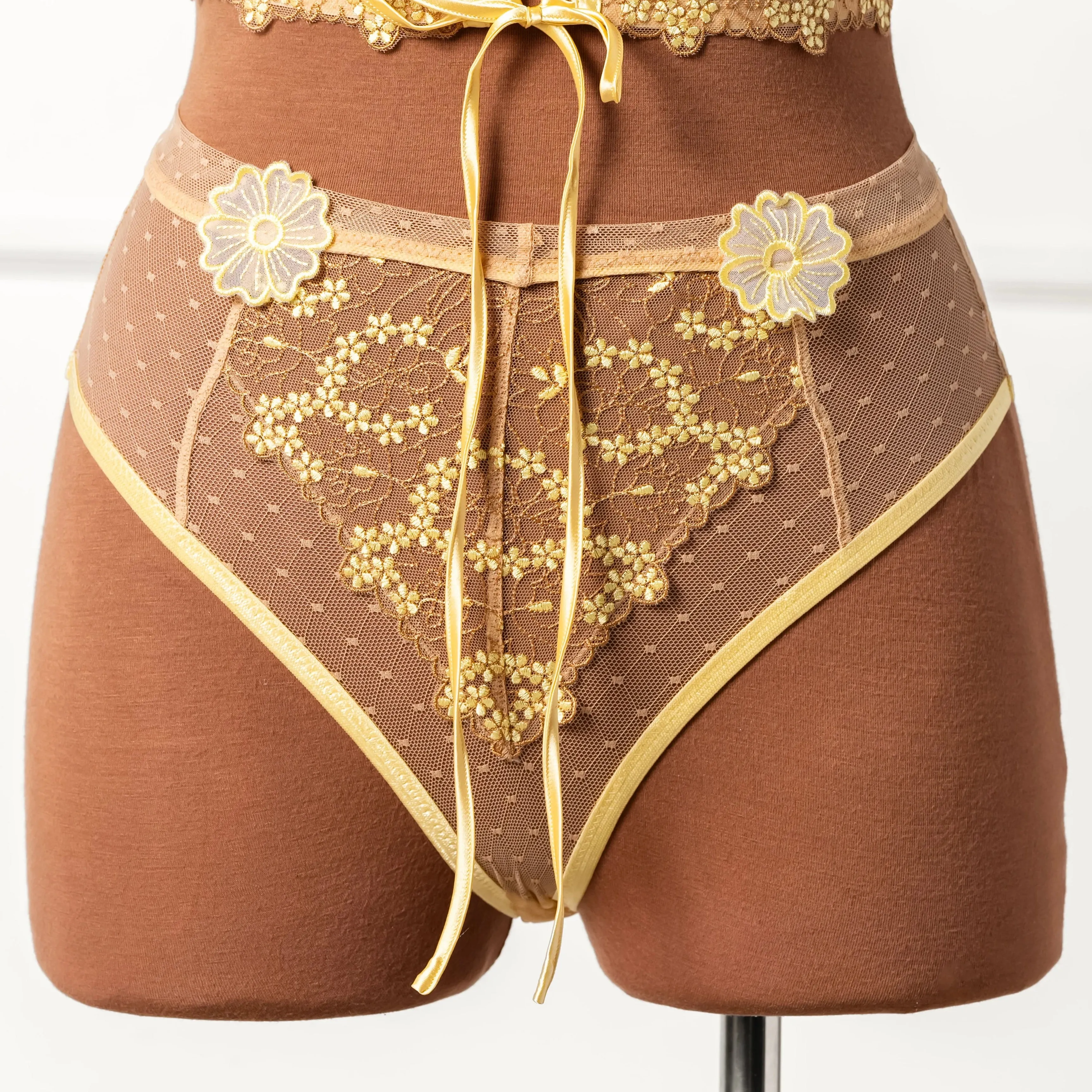 Embroidered High Waist Backless Panty - Lemon Chiffon