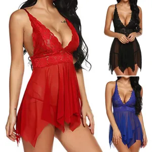 Hirigin Women Sexy Lingerie Sleepwear Satin Silk Babydoll Lace Print Robes Sleep Nightgown Dress