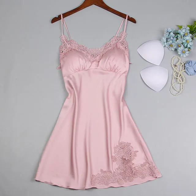 Jerrinut Silk Satin Nightgown Women Sleeveless Nightdress Nighties Sleepwear Homewear With Chest Pads Sexy Lingerie
