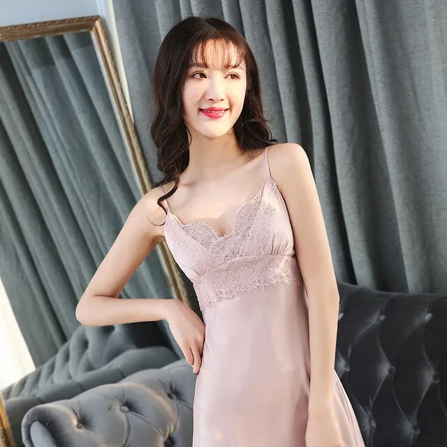 Jerrinut Silk Satin Nightgown Women Sleeveless Nightdress Nighties Sleepwear Homewear With Chest Pads Sexy Lingerie