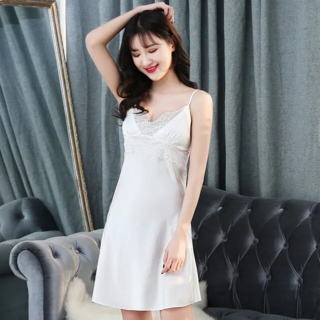 Jerrinut Silk Satin Nightgown Women Sleeveless Nightdress Nighties Sleepwear Homewear With Chest Pads Sexy Lingerie