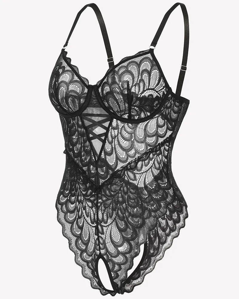 Lace deep V Teddy Crotchless Bodysuits