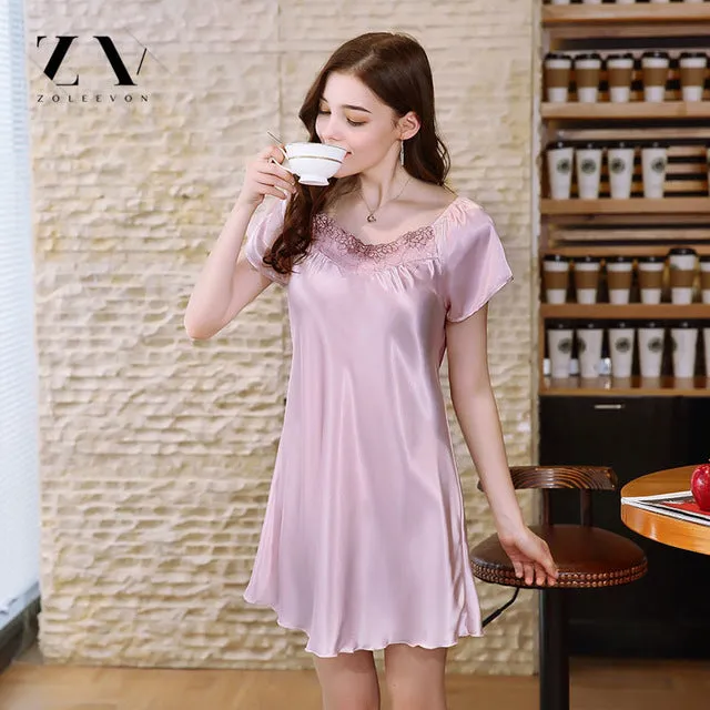 Ladies Silk Sleepwear Summer Nightgown Sexy Lingerie Pink Nightdress for Women Satin Sleep Shirts Chemise Night Dress