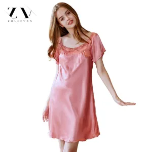 Ladies Silk Sleepwear Summer Nightgown Sexy Lingerie Pink Nightdress for Women Satin Sleep Shirts Chemise Night Dress