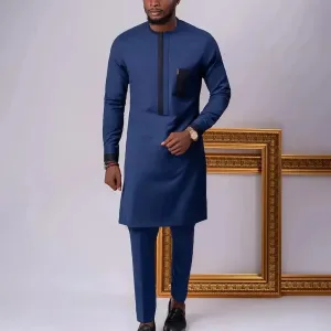 Men Bold Collarless Long Sleeve Outfit Set